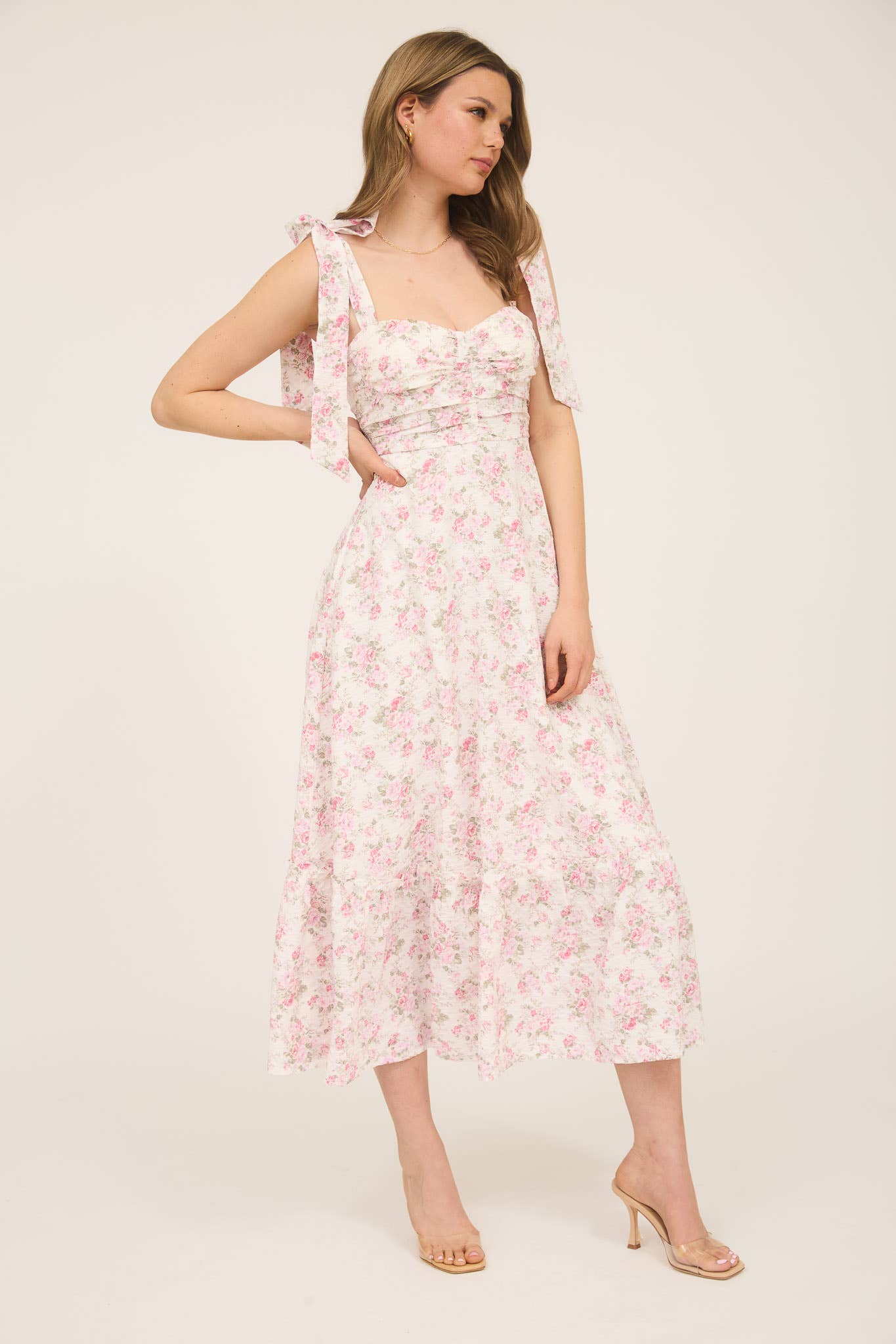 Blu Pepper - FLORAL TIE STRAP RUCHED DETAIL MAXI DRESS: PINK MULTI