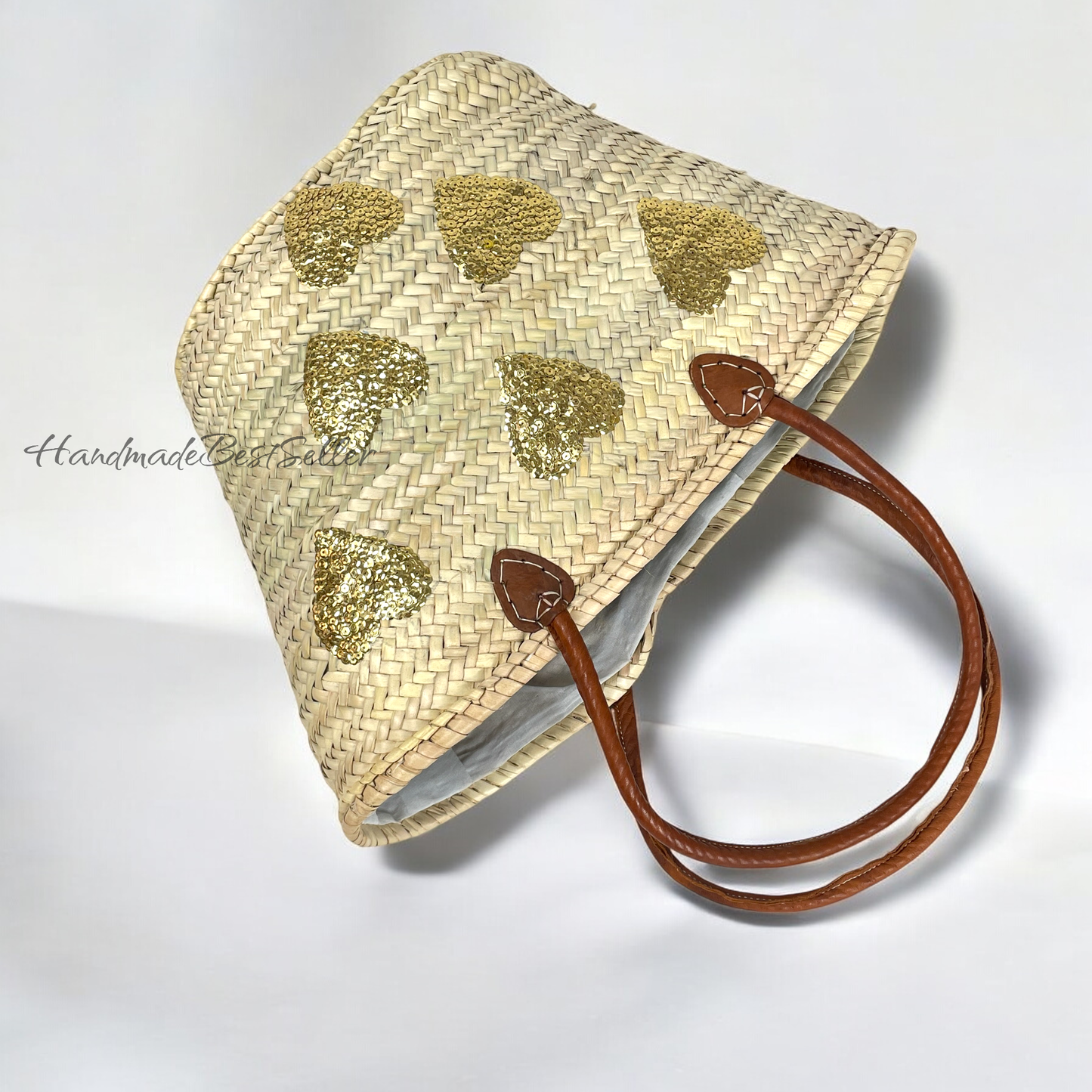 HandmadeBestSeller - Straw Bag with Leather Handles and Heart Sequin Design