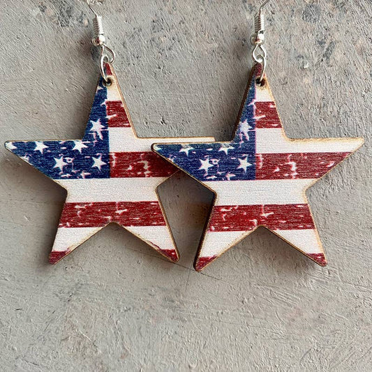 Ole - Star American Flag Printed Wooden Earrings