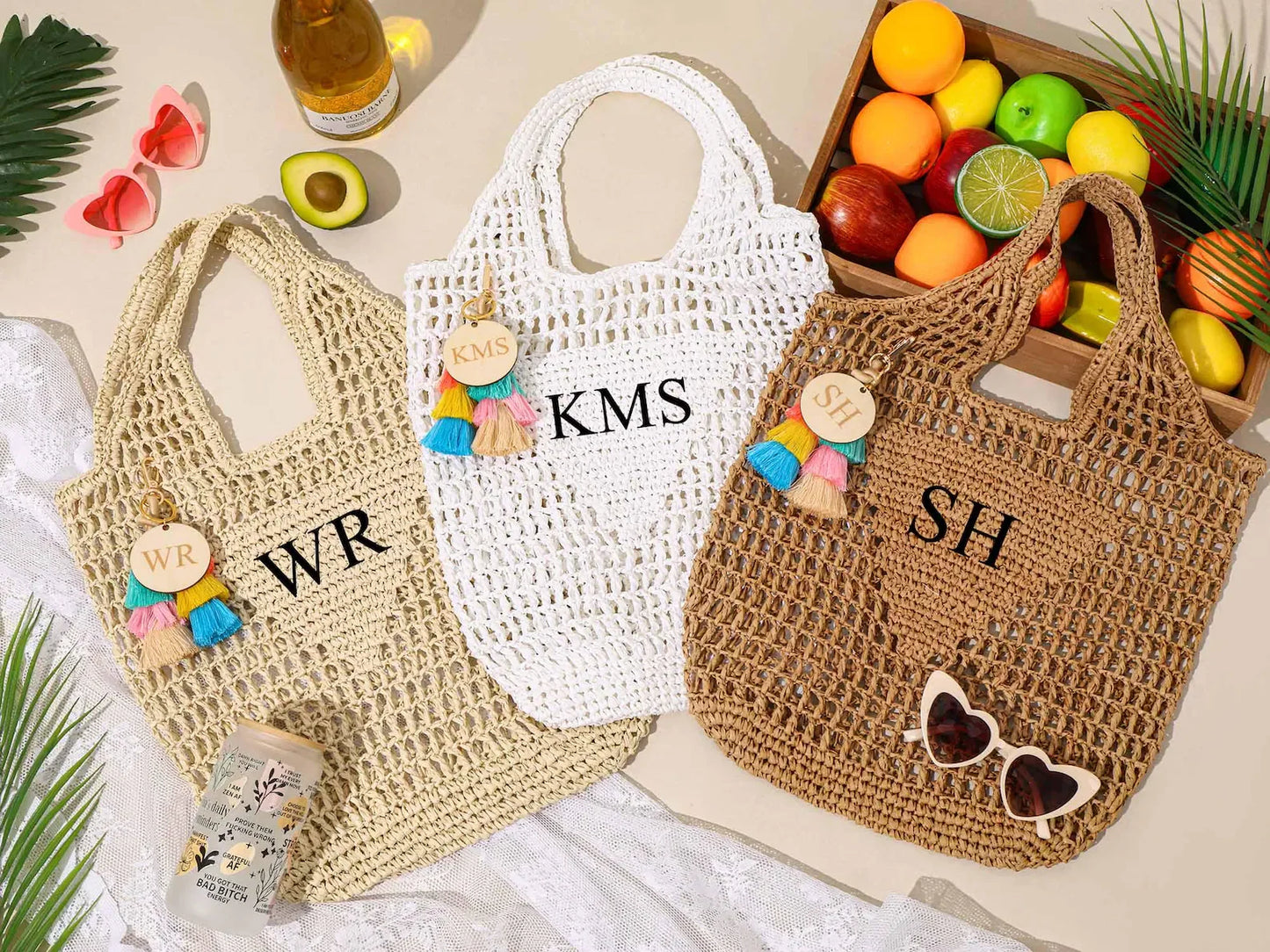 Personalized Beach Tote Bags Custom Bridesmaid Raffia Bag With Name,Monogram Initials Handle Straw Bag Bridesmaid Wedding Gifts