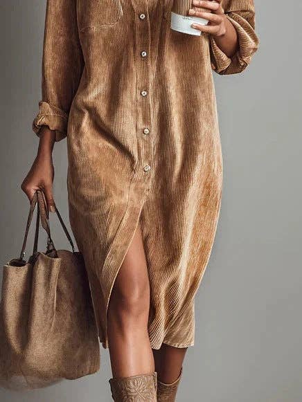 Suhkasana - Corduroy Shirt Dress Long Sleeve Button Down Midi: Dark Brown / 100%Polyester / S