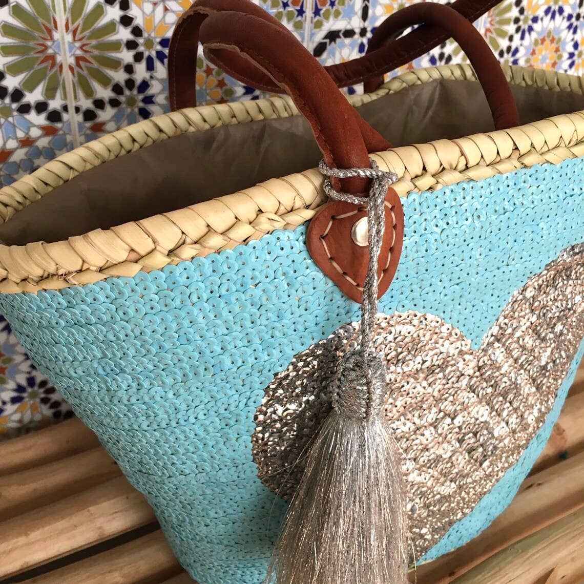 HandmadeBestSeller - French Market Basket Bag Sequins Leather Handles