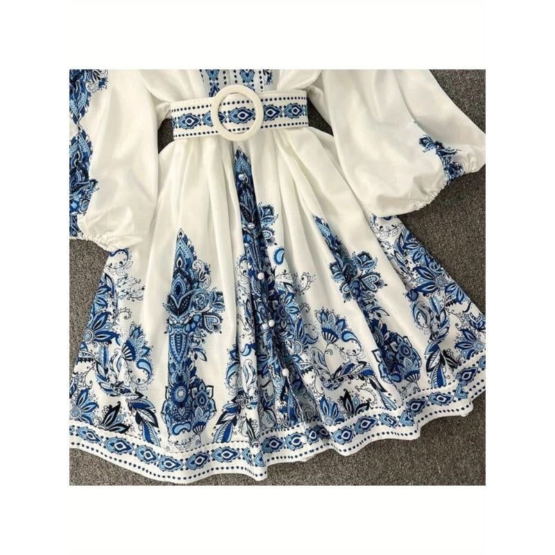 Women'S Fashion V-Neck Long Sleeve Bohemian Print Dress, Comfortable and Elegant, Perfect for Various Occasions, Showcasing Unique Charm