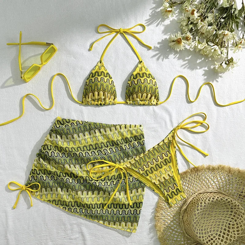 Women Swimsuit Colored Maple Leaves Knitted Bikini Skirt Three-Piece Set Split Swimsuit Bikini