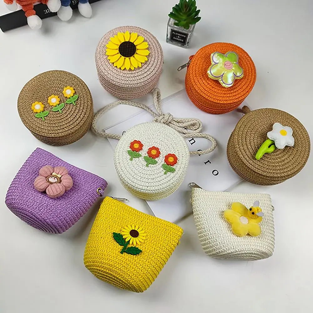 Simple Sunflower Straw Crossbody Bag Large Capacity Handmade Children Beach Shoulder Bag Round Coin Purse Women Girl