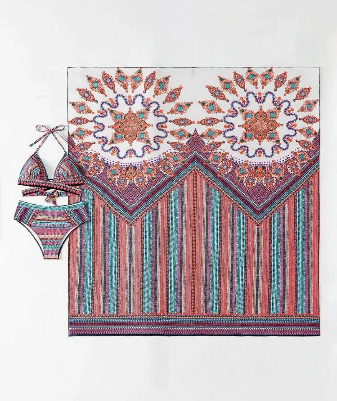 HIDDENBRAND - Printed Three Piece Swimsuit Phi Sand Beach Swimsuit Bikini: Red_B / S