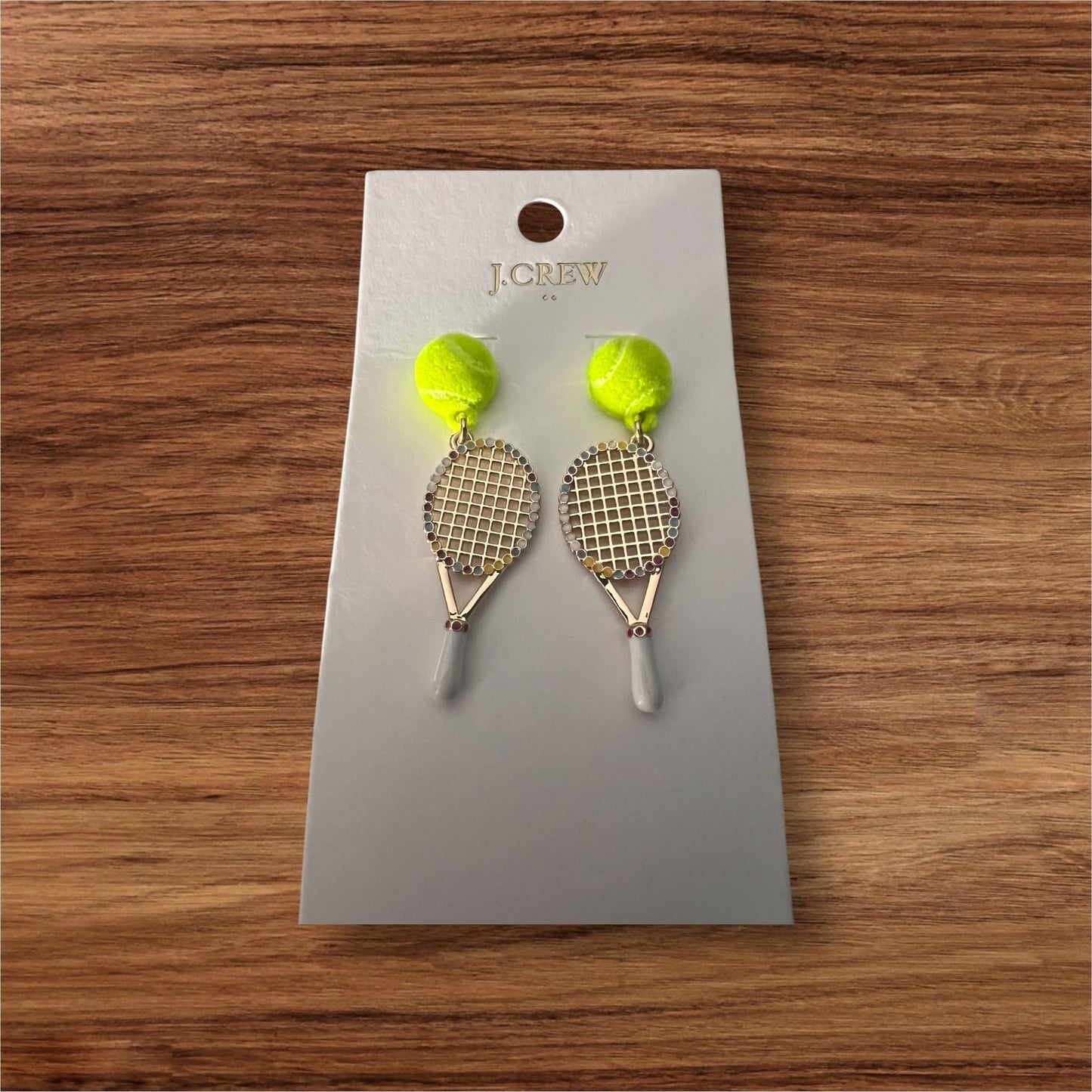 J.Crew Tennis Racket Earrings with Green Tennis ball Accents