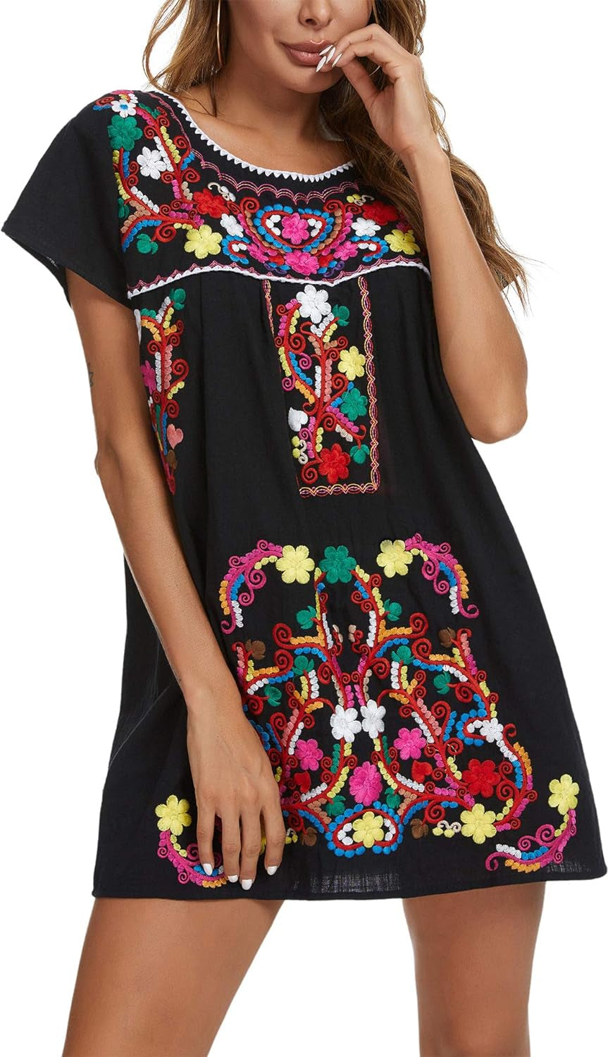Vibrant Women's Short Sleeve Mexican Embroidered Dress
