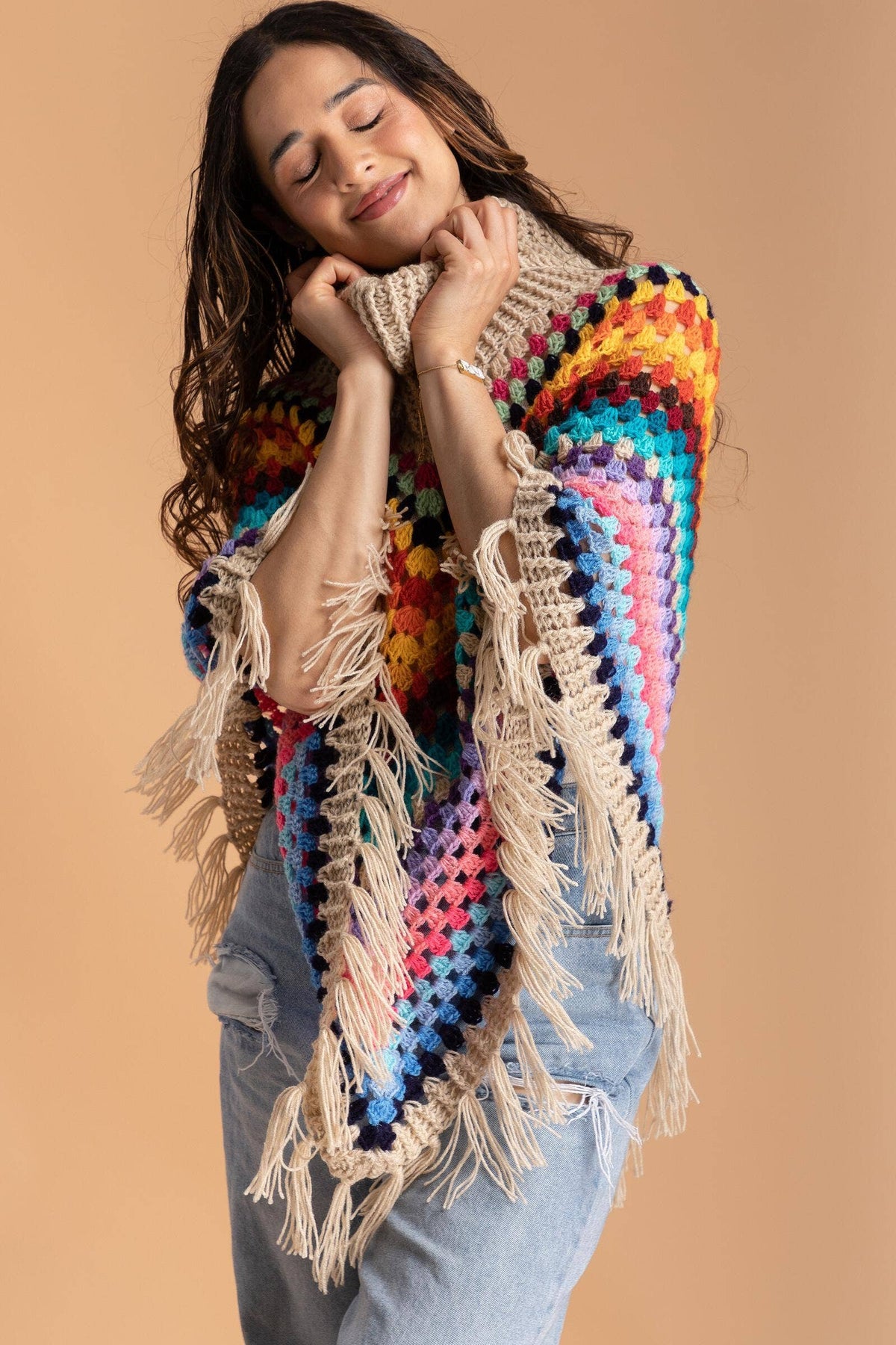 SAACHI - Rainbow Crochet Turtleneck Sweater Poncho