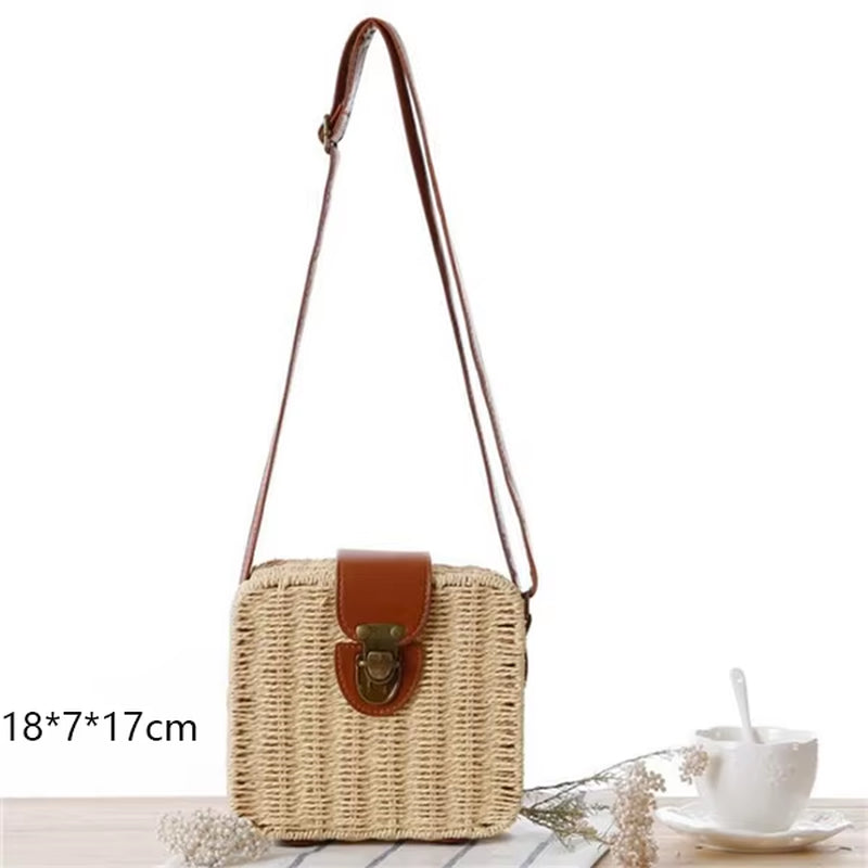 Woven Rattan Bag round Straw Shoulder Bag Small Beach Handbags Women Summer Hollow Handmade Messenger Crossbody Bags