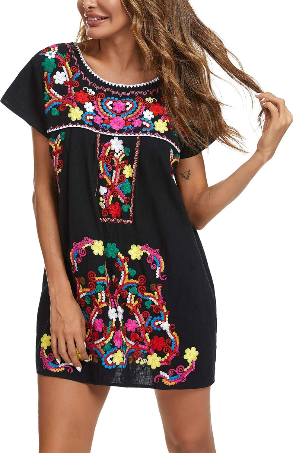Vibrant Women's Short Sleeve Mexican Embroidered Dress