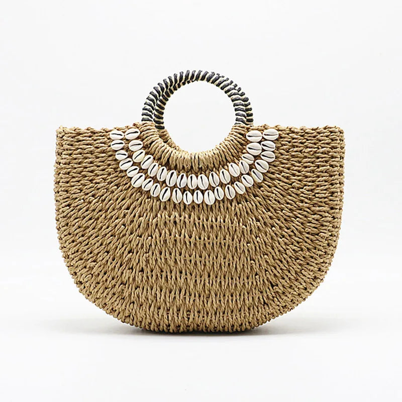 Women's Handbag Handmade Drawstring Straw Bag Summer Woven Shell Large Capacity Beach Bag Bohemia Female Knitted Top-Handle Tote