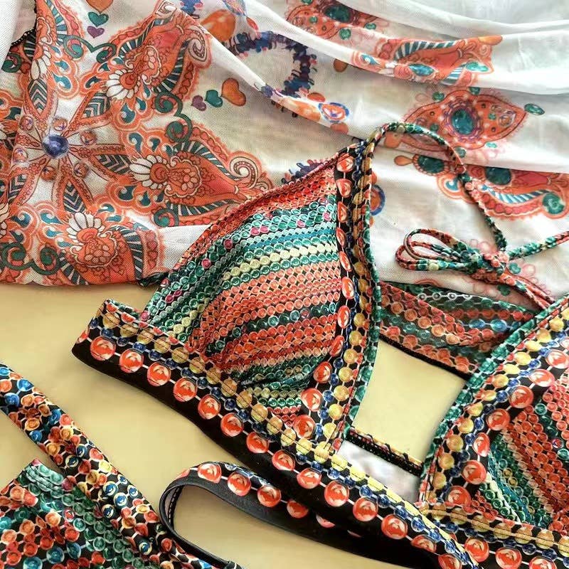 HIDDENBRAND - Printed Three Piece Swimsuit Phi Sand Beach Swimsuit Bikini: Red_B / S