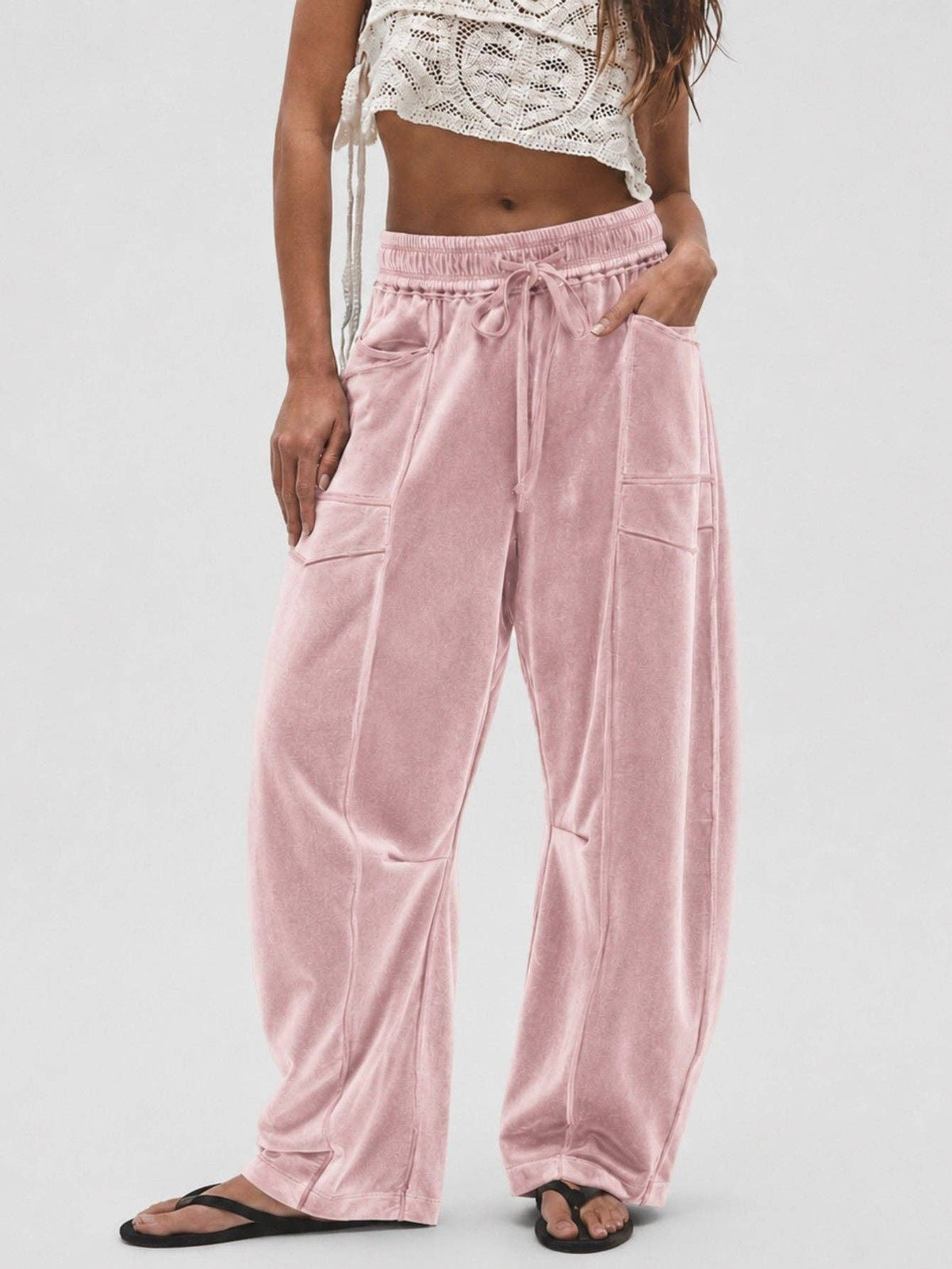 Suhkasana - Women's Velvet Wide Leg Drawstring Casual Pants: Pink / S