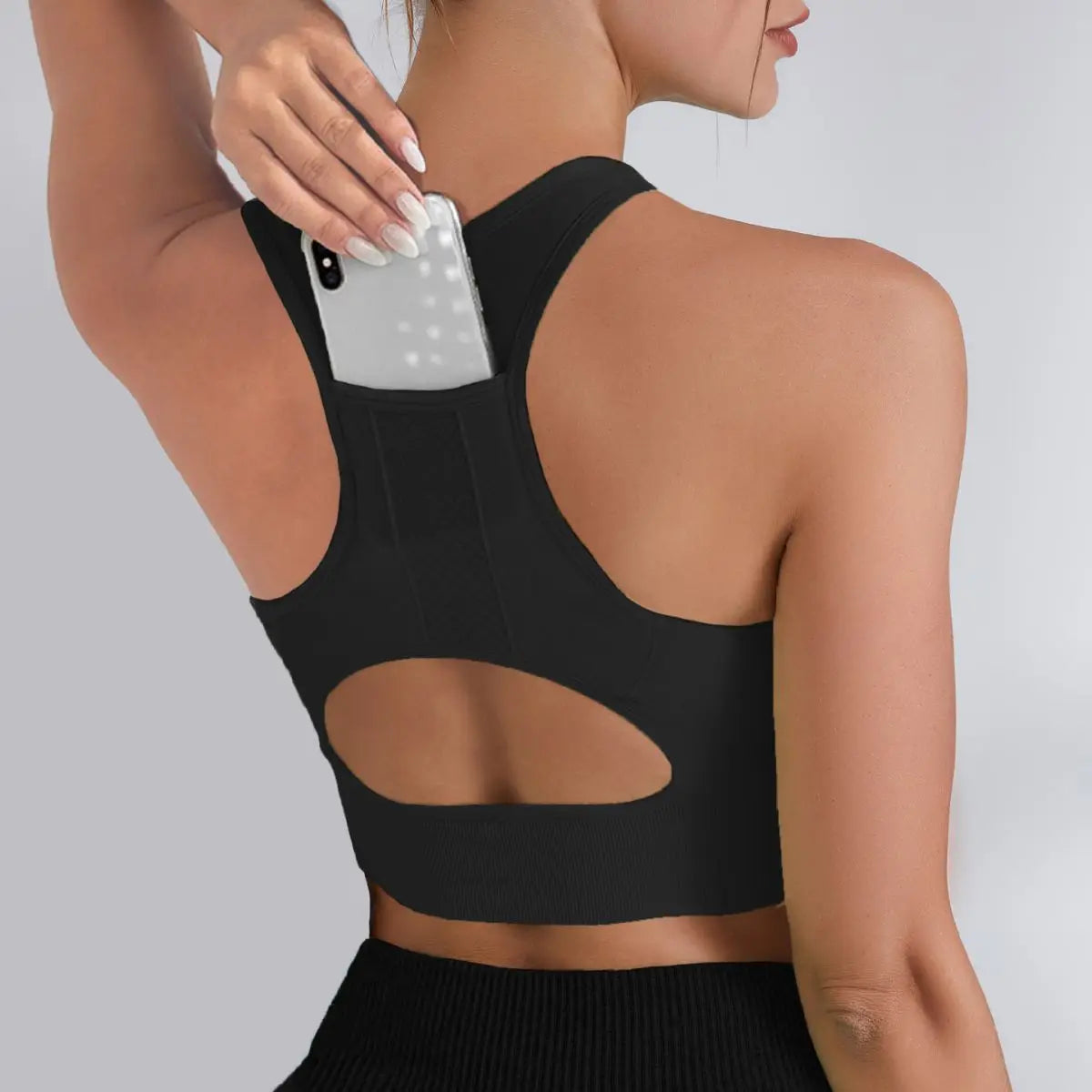 Tank Top Sports Bra Gym Clothes Woman Hollow Yoga Running Underwear Phone Pocket Fitness Push Up Top Deportivos Mujer Gym Bras