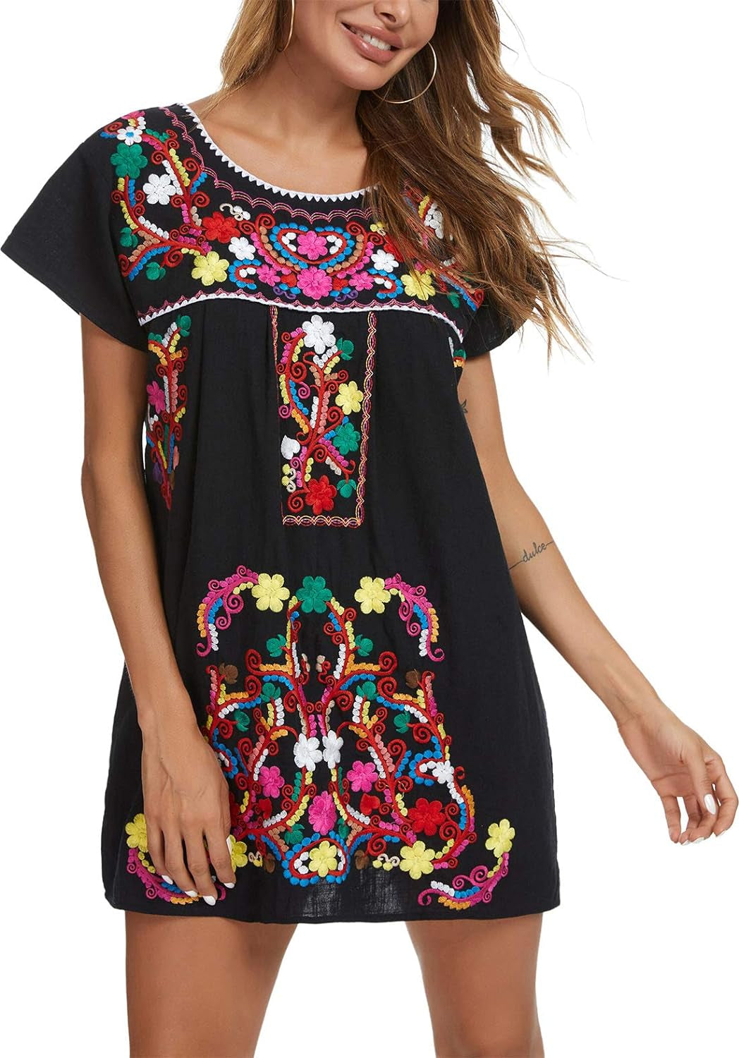 Vibrant Women's Short Sleeve Mexican Embroidered Dress