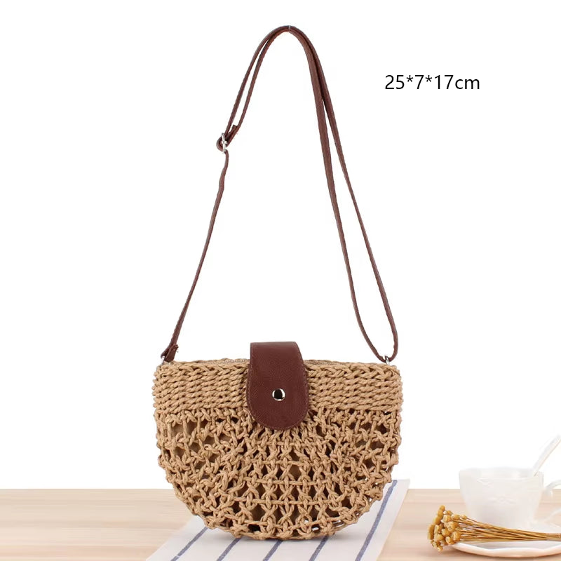 Woven Rattan Bag round Straw Shoulder Bag Small Beach Handbags Women Summer Hollow Handmade Messenger Crossbody Bags