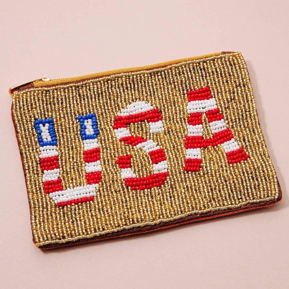 Collections by Fame Accessories - Usa Theme Golden Seed Beaded Coin Purse: MULTI