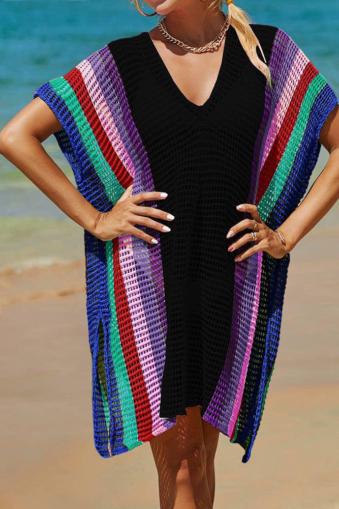 UNISHE - Rainbow Colorblock Splicing Beach Cover Up JYYS143: Pink / One Size