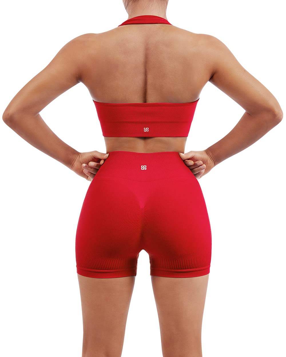 SUUKSESS Women Seamless Ribbed Workout Set Backless Sports Bra Booty Biker Short