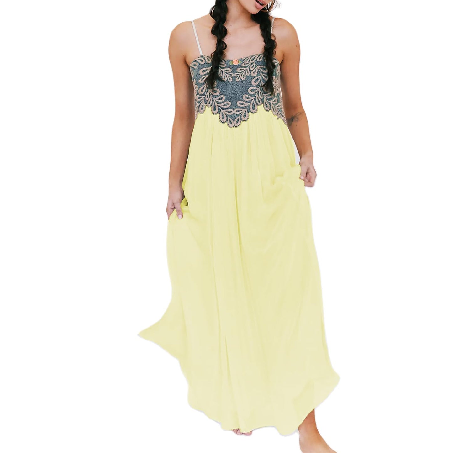 Women Summer Dresses Flowy Smocked Maxi Dress Sleeveless Tie Shoulder Boho Dresses Y2K Floral Beach Sundresses