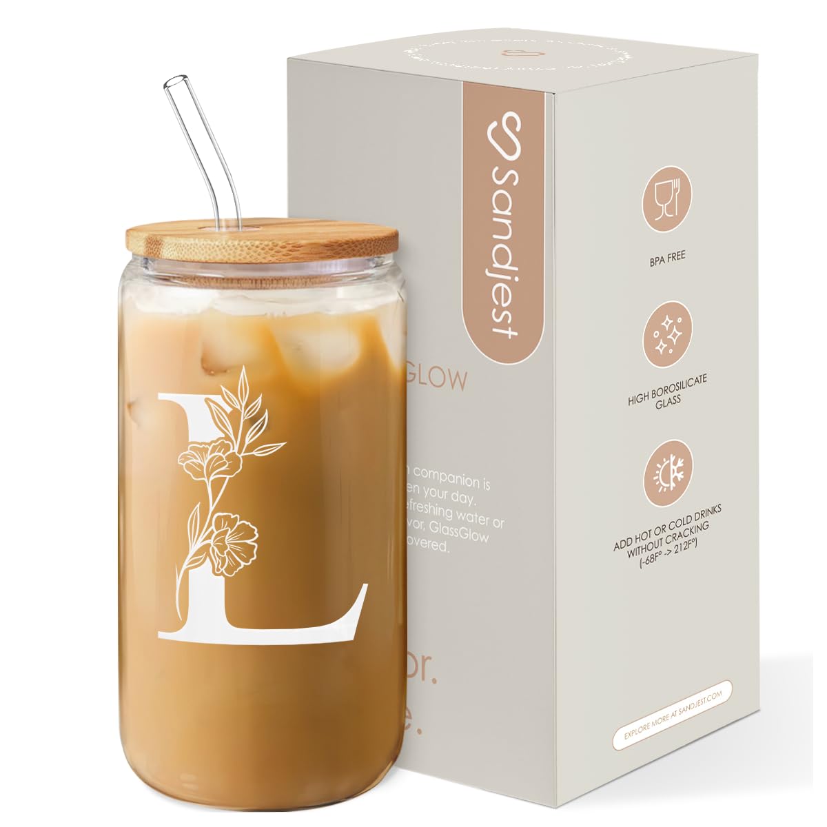 SANDJEST Monogrammed Gifts for Women - Monogram D Initial Glass Cup 16 Oz Can Coffee Cups with Lid and Straw - Monogram Initials Gifts for Womens on Birthday