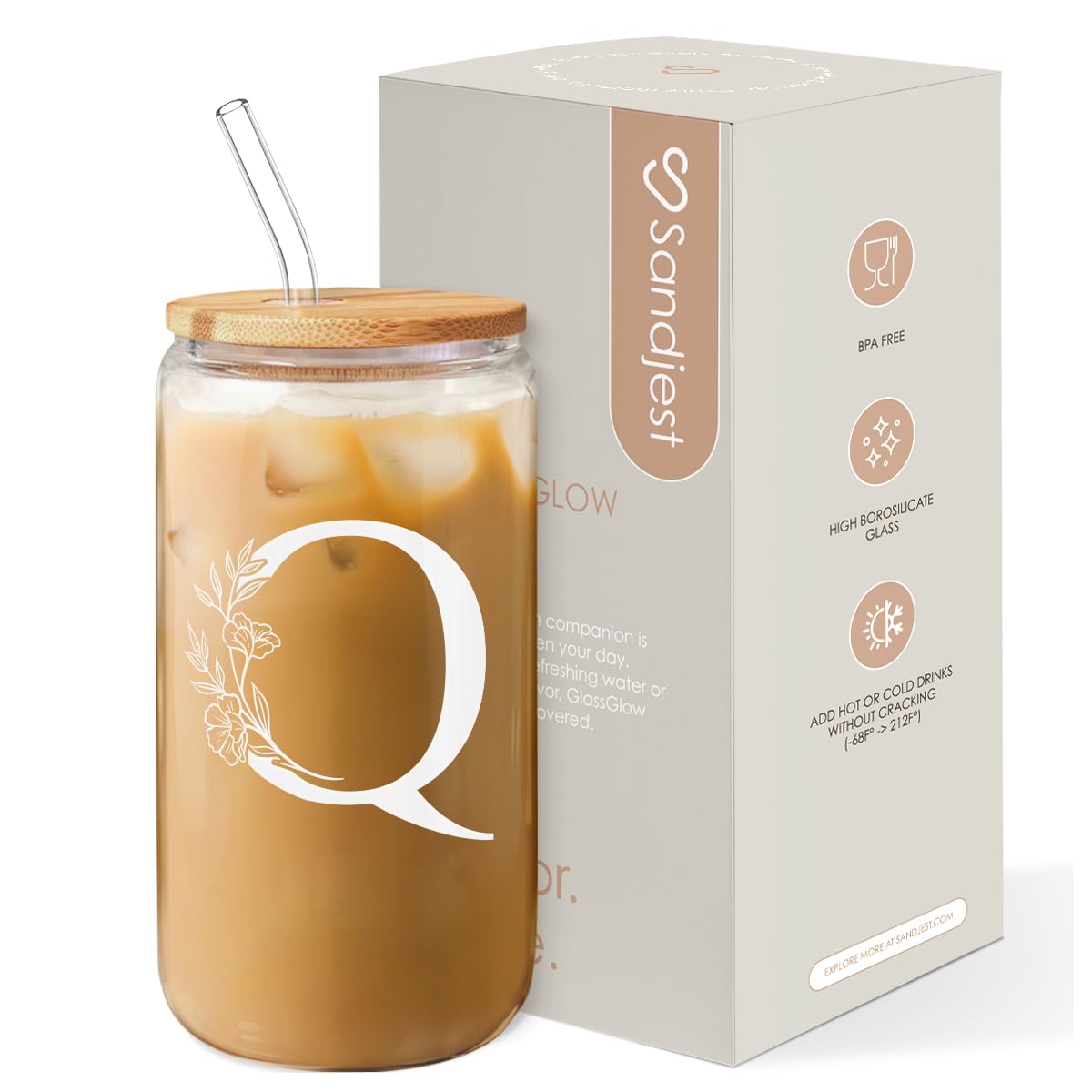 SANDJEST Monogrammed Gifts for Women - Monogram D Initial Glass Cup 16 Oz Can Coffee Cups with Lid and Straw - Monogram Initials Gifts for Womens on Birthday