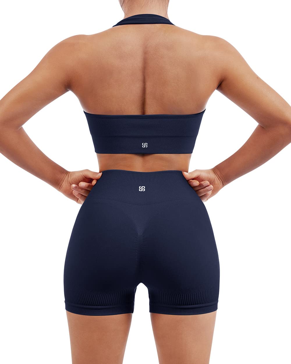 SUUKSESS Women Seamless Ribbed Workout Set Backless Sports Bra Booty Biker Short