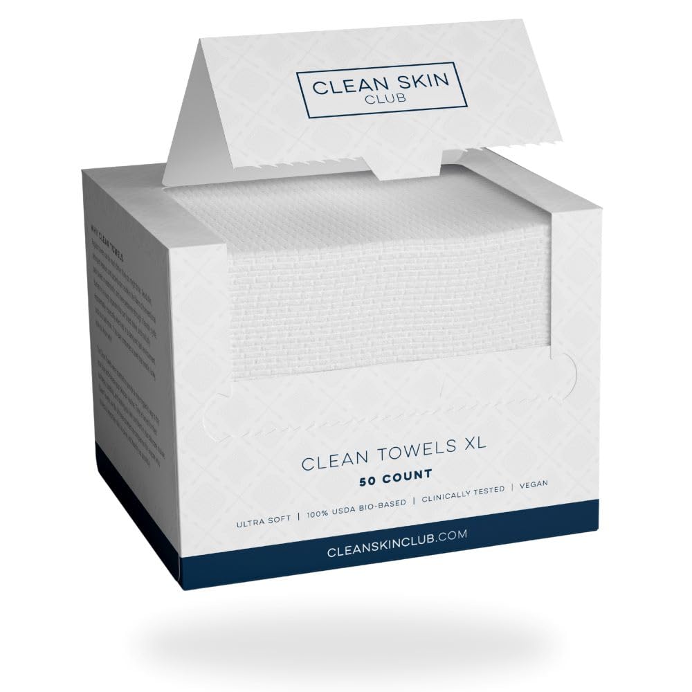 Clean Skin Club Clean Towels XL™, 100% USDA Biobased Face Towel, Disposable Face Towelette, Eczema Association Accepted, Makeup Remover Dry Wipes, Ultra Soft, 50 Ct, 1 Pack