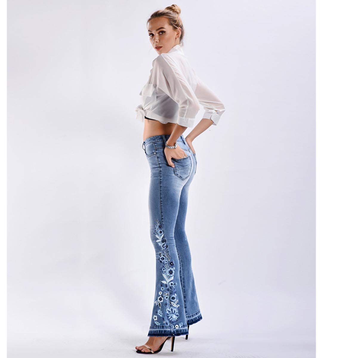 Lisskolo Bell Bottom Jeans for Women Flared Floral Embroidered Jean Wide Leg Denim Pants