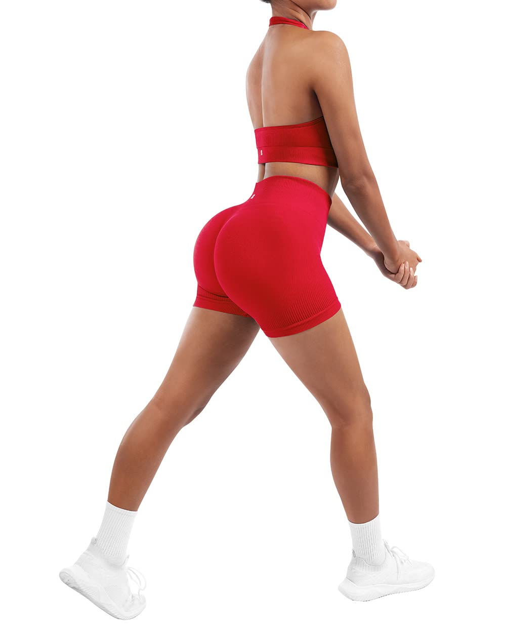 SUUKSESS Women Seamless Ribbed Workout Set Backless Sports Bra Booty Biker Short