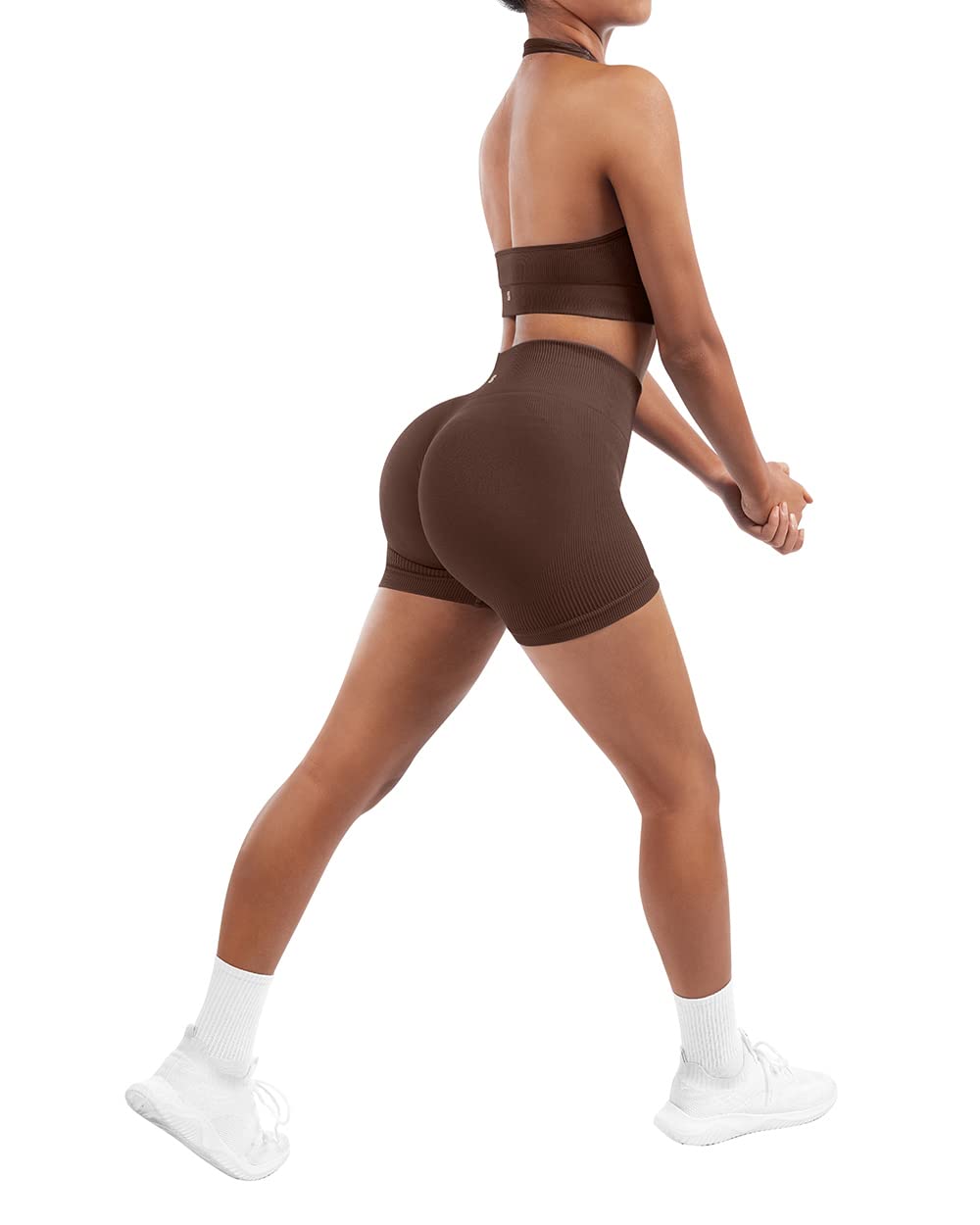 SUUKSESS Women Seamless Ribbed Workout Set Backless Sports Bra Booty Biker Short