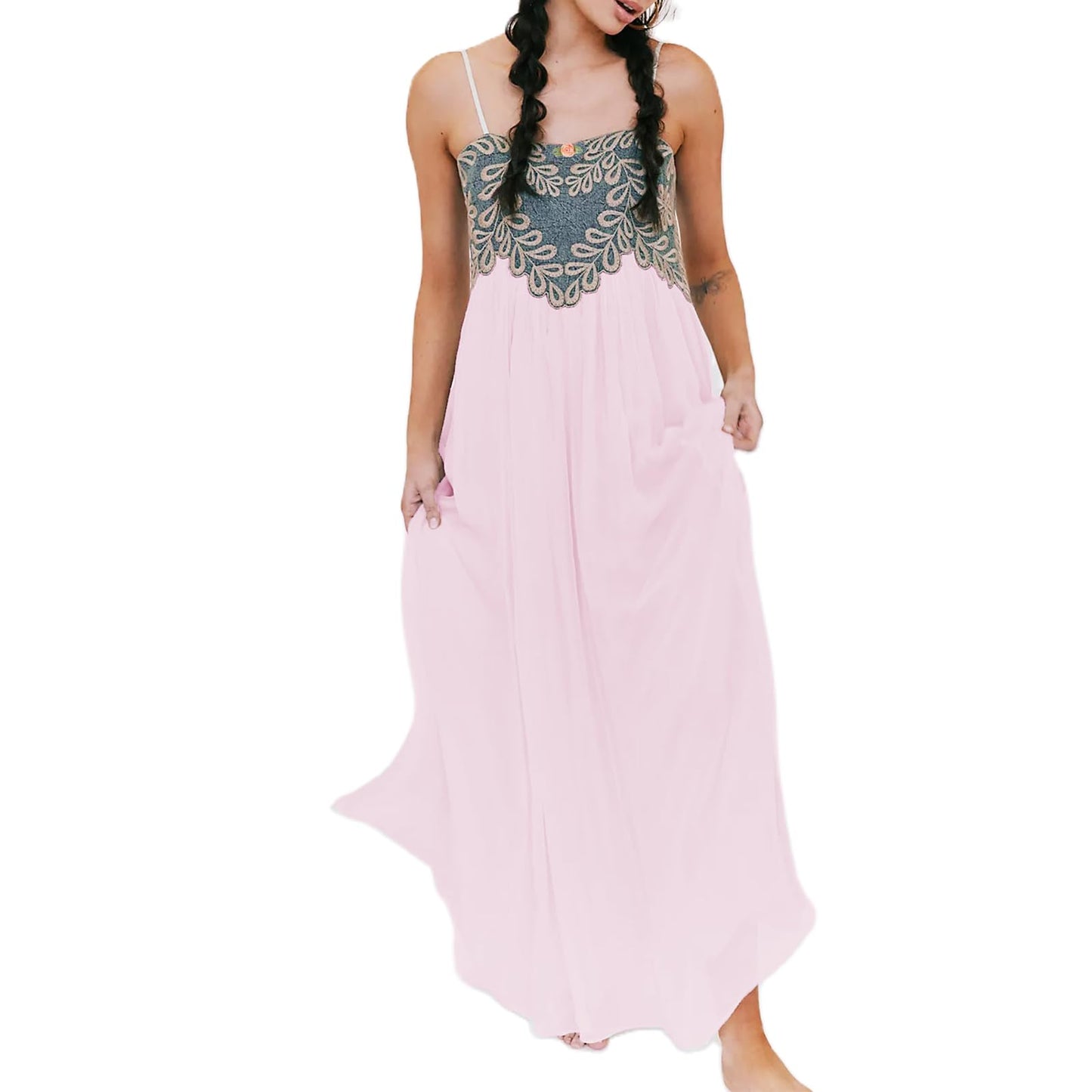 Women Summer Dresses Flowy Smocked Maxi Dress Sleeveless Tie Shoulder Boho Dresses Y2K Floral Beach Sundresses