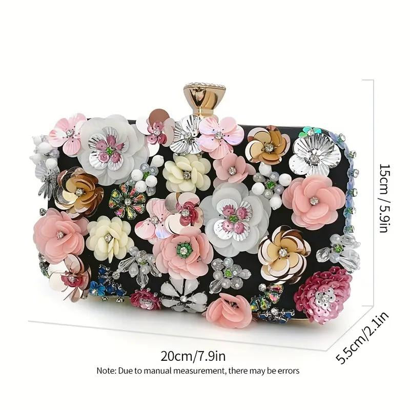 Flower Decor Shoulder Bag-Faux Pearl Clutch for Cheongsam,Ladies Handbag,Bridesmaid Purse & Sequin Beaded Party Bag-Elegant Designer Handbags