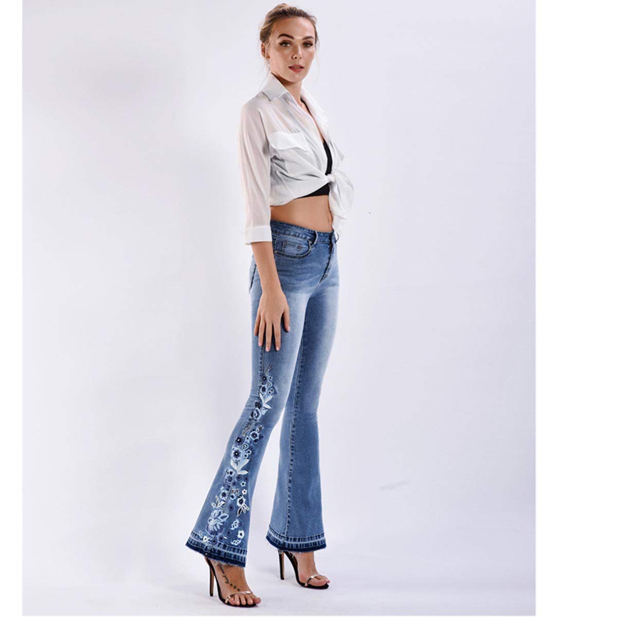 Lisskolo Bell Bottom Jeans for Women Flared Floral Embroidered Jean Wide Leg Denim Pants
