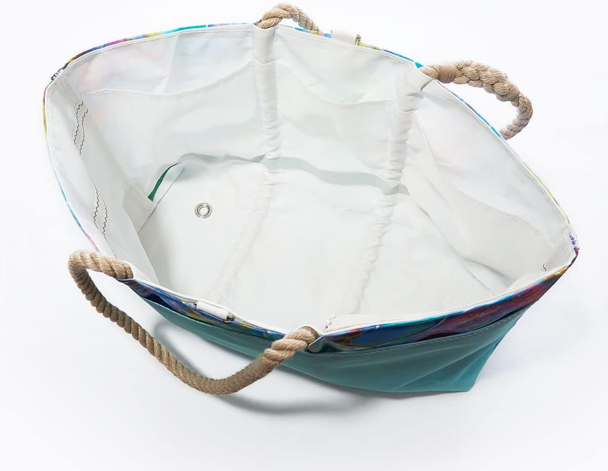 Sea Bags Recycled Sail Cloth Multicolor Nautilus Beach Tote Water Resistant Boating Beach Bag, Large Travel Tote Interior and Exterior Pockets