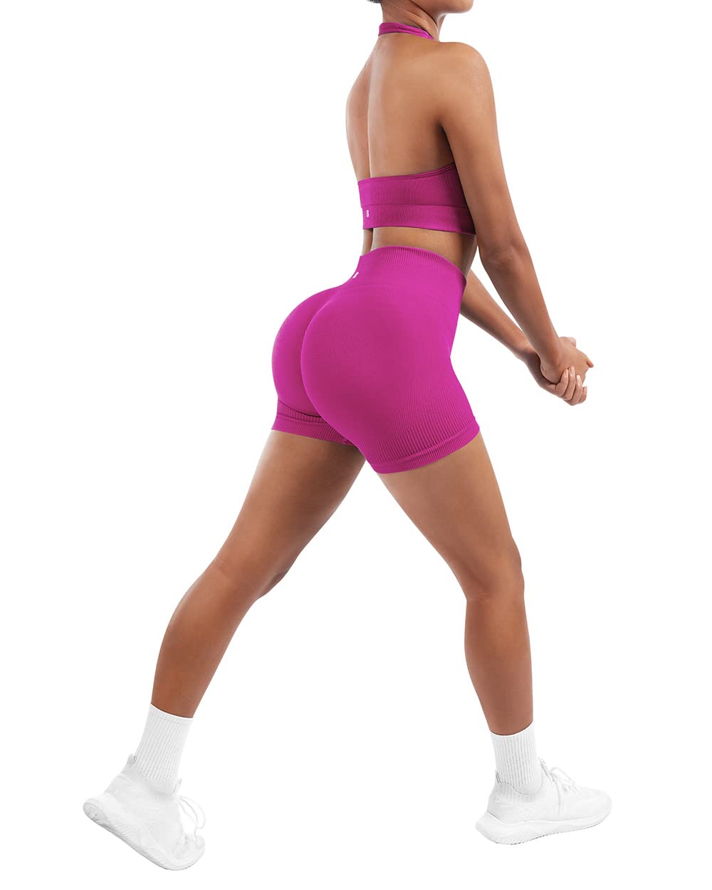 SUUKSESS Women Seamless Ribbed Workout Set Backless Sports Bra Booty Biker Short