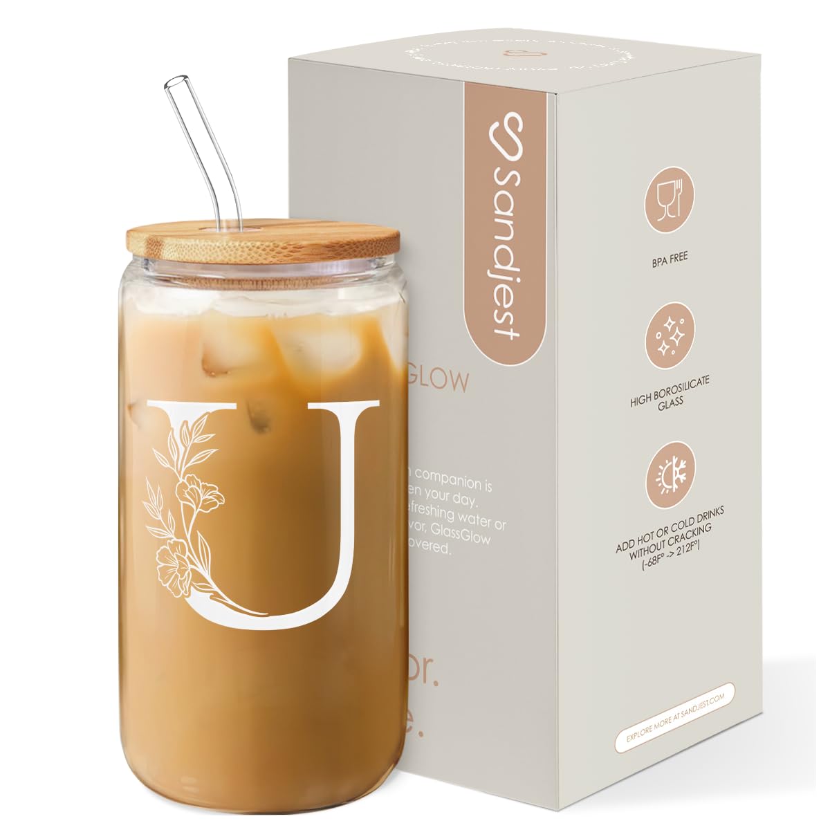 SANDJEST Monogrammed Gifts for Women - Monogram D Initial Glass Cup 16 Oz Can Coffee Cups with Lid and Straw - Monogram Initials Gifts for Womens on Birthday