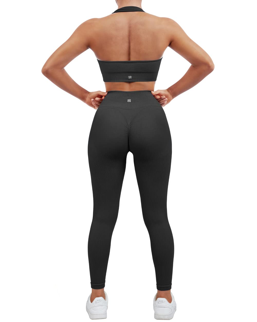 SUUKSESS Women Seamless Ribbed Workout Set Backless Sports Bra Booty Biker Short