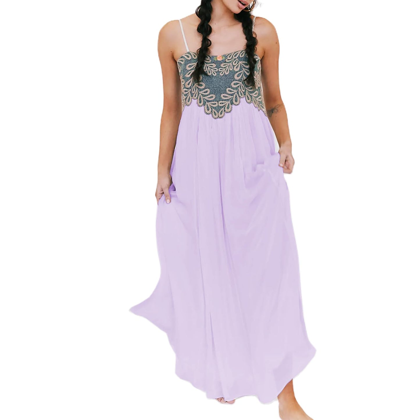 Women Summer Dresses Flowy Smocked Maxi Dress Sleeveless Tie Shoulder Boho Dresses Y2K Floral Beach Sundresses