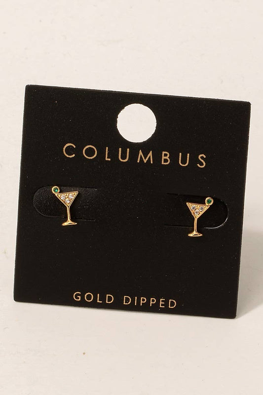 Fame Accessories - Gold Dipped Cz Pave Martini Glass Stud Earrings: GOLD