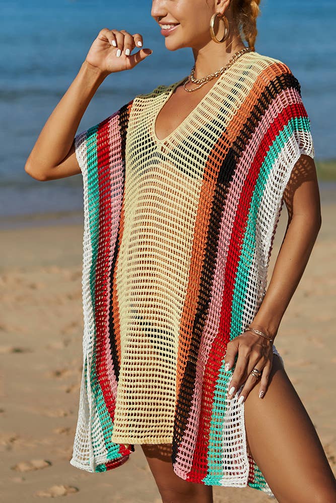 UNISHE - Rainbow Colorblock Splicing Beach Cover Up JYYS143: Pink / One Size