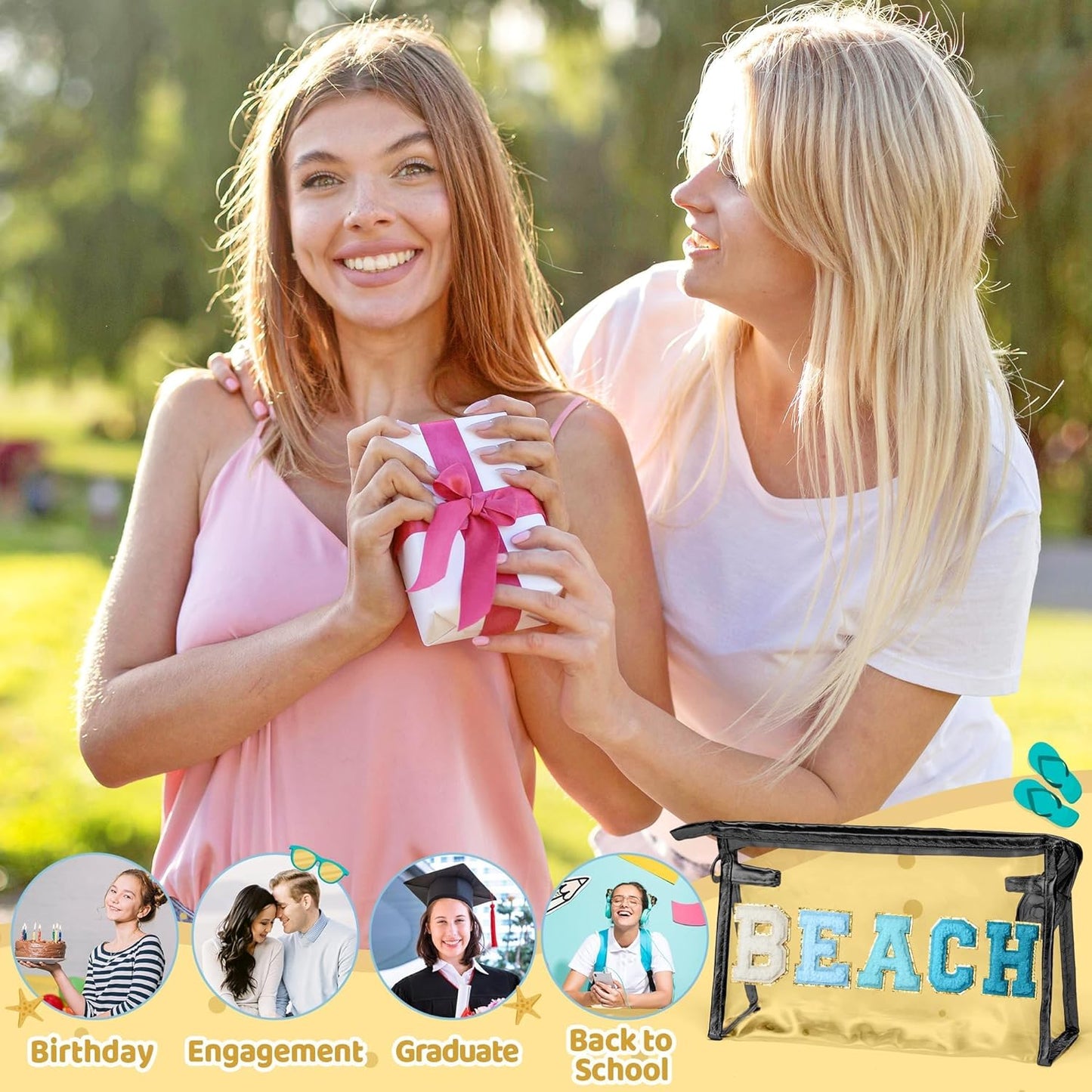 Preppy Patch Cosmetic Bag - Summer Beach Chenille Varsity Letter Clear Toiletry Bag, Aesthetic Waterproof Portable Clutch Pouch for Women and Girls (Gradient Blue)