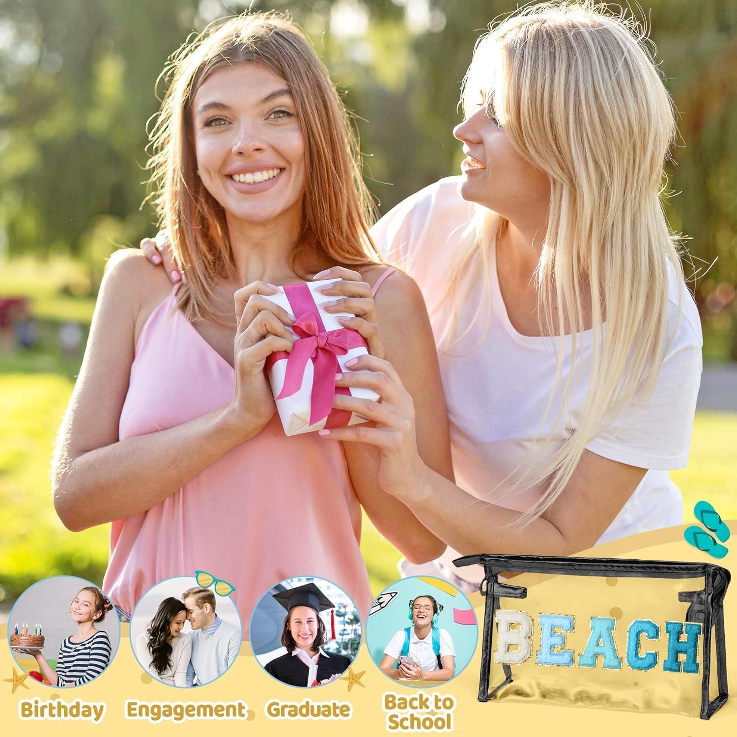 Preppy Patch Cosmetic Bag - Summer Beach Chenille Varsity Letter Clear Toiletry Bag, Aesthetic Waterproof Portable Clutch Pouch for Women and Girls (Gradient Blue)