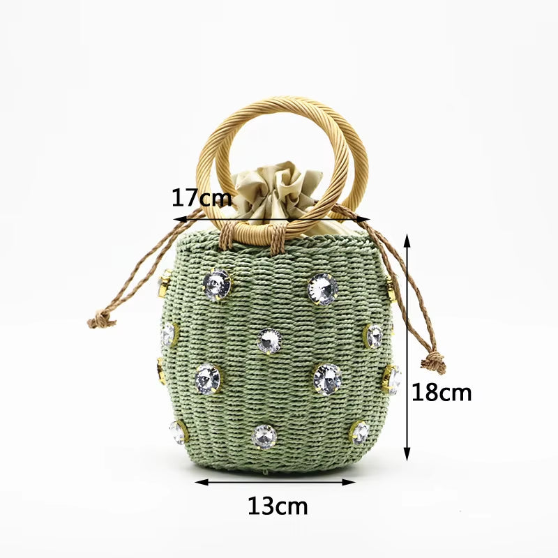 Handmade Rhinestone Crystal Embellished Straw Bag Small Bucket Lady Travel Purses and Handbags
