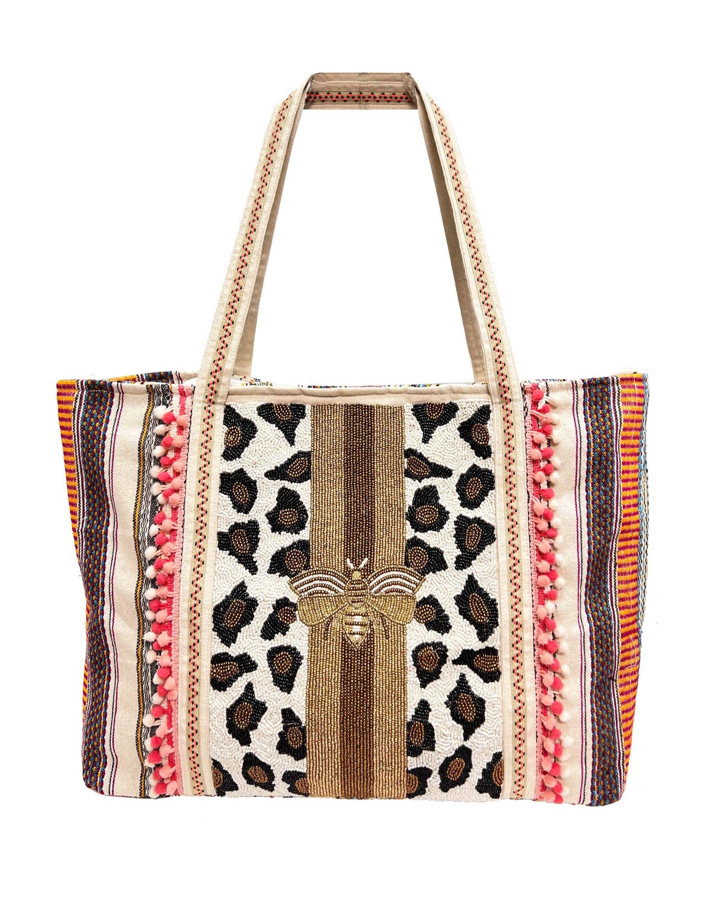 GOLD BEE & ANIMAL PRINT BEADED TOTE BAG