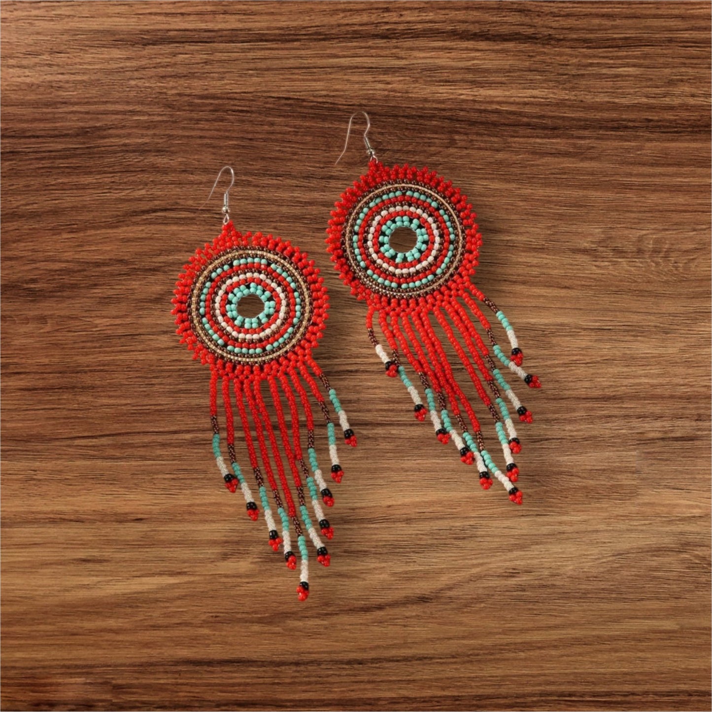 Handcrafted Red and Turquoise Beaded Earrings