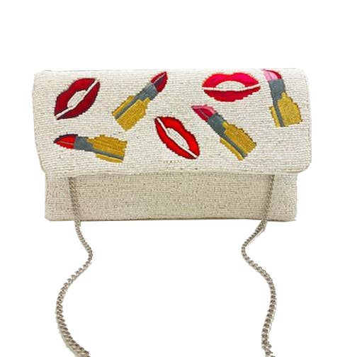 WHITE LIPSTICK & LIPS EMBROIDERED & BEADED CLUTCH