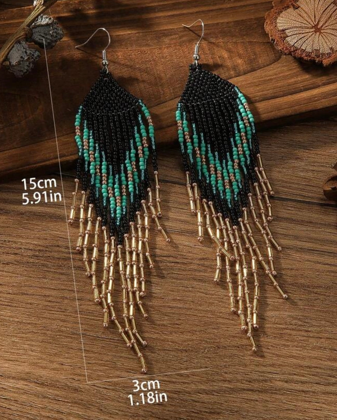 Black, Turquoise and Gold Beaded Fringe Earrings