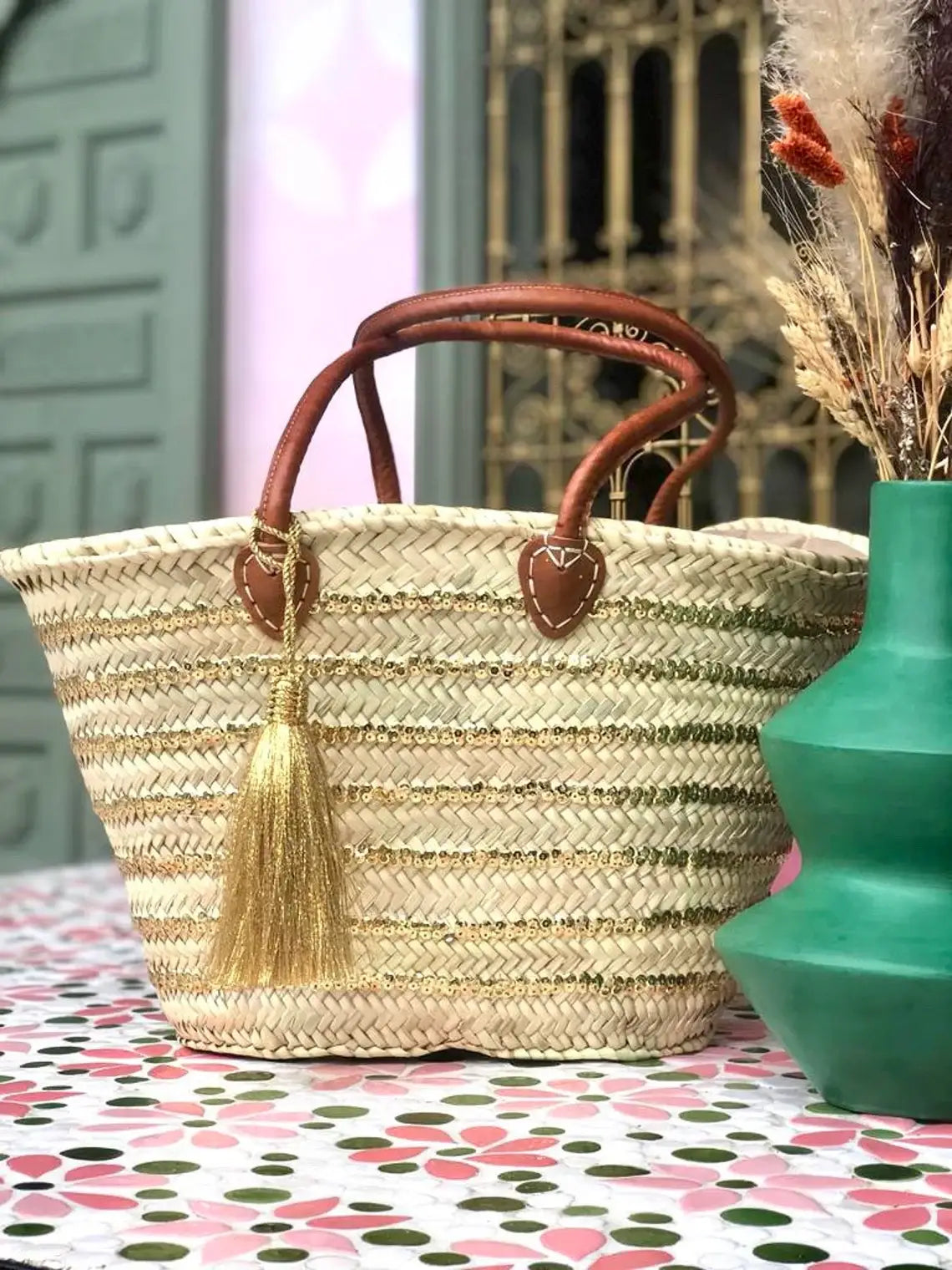 HandmadeBestSeller - Straw Basket Bag | French Basket Leather Handles | Sequins